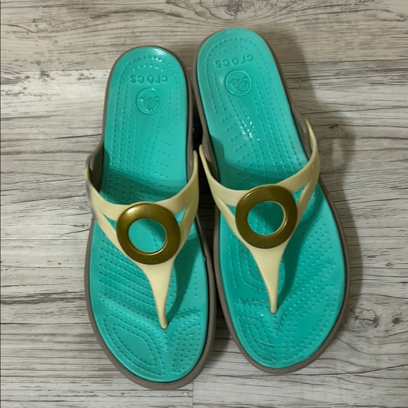 Crocs Women's Cream and Teal Sandals - Picture 1 of 8